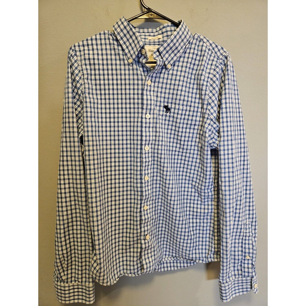 Abercrombie & Fitch Muscle Fit Shirt Mens Large Blue White Gingham Button Down